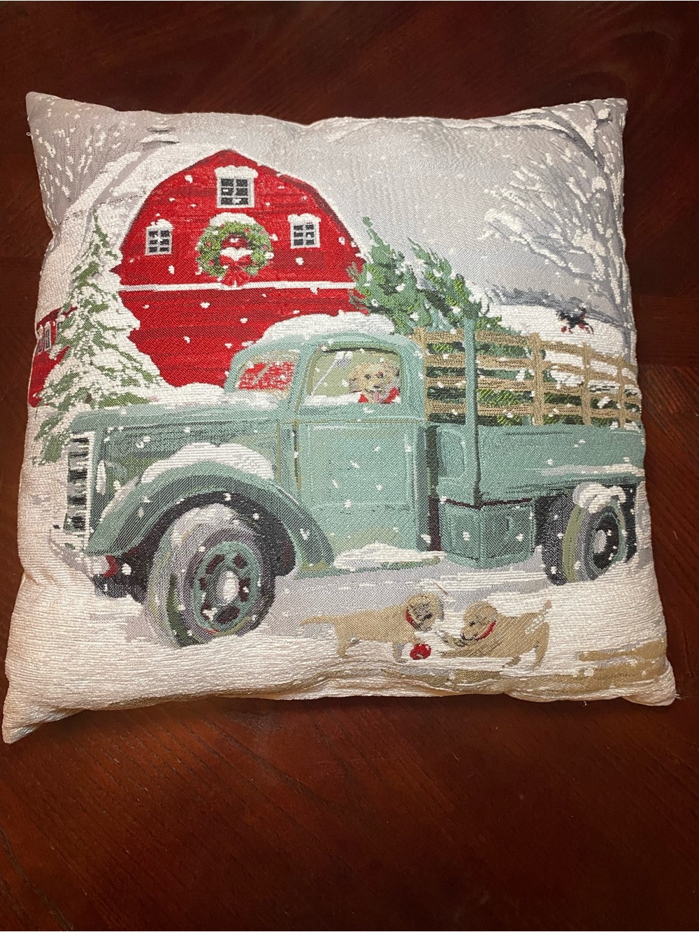 Holiday Vintage Truck Throw Pillow - Teal Green